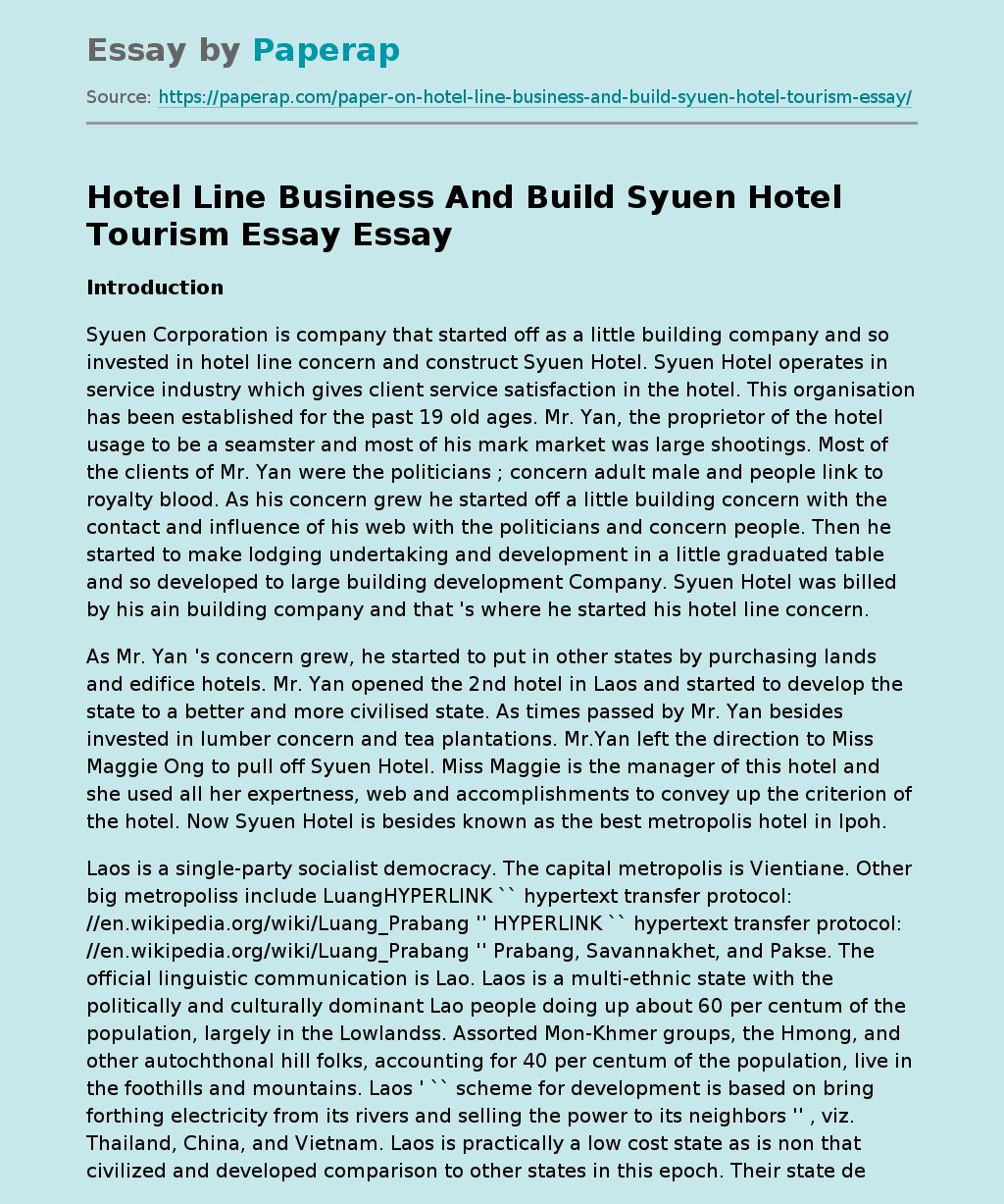 Hotel Line Business And Build Syuen Hotel Tourism Essay