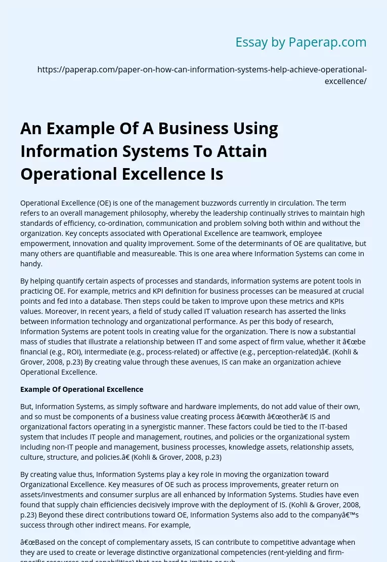 An Example Of A Business Using Information Systems To Attain Operational Excellence Is