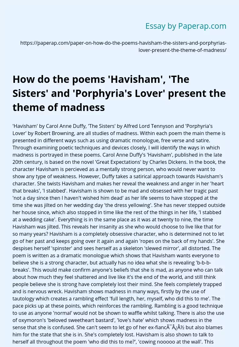 Madness at Havisham in the Sisters and Lover of Porfiria
