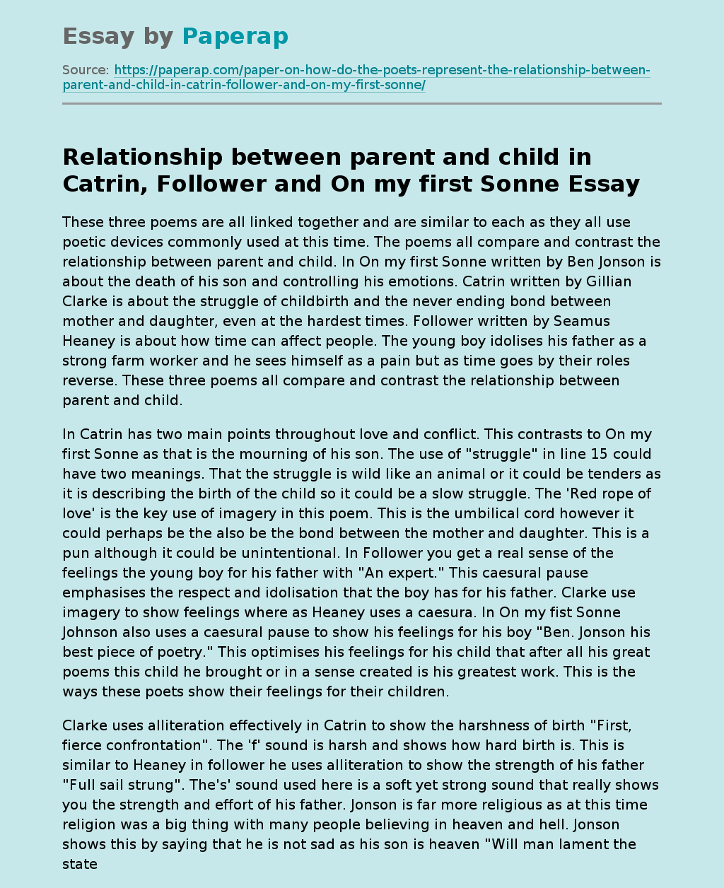 Relationship Between Parent and Child in Catrin, Follower and On my first Sonne