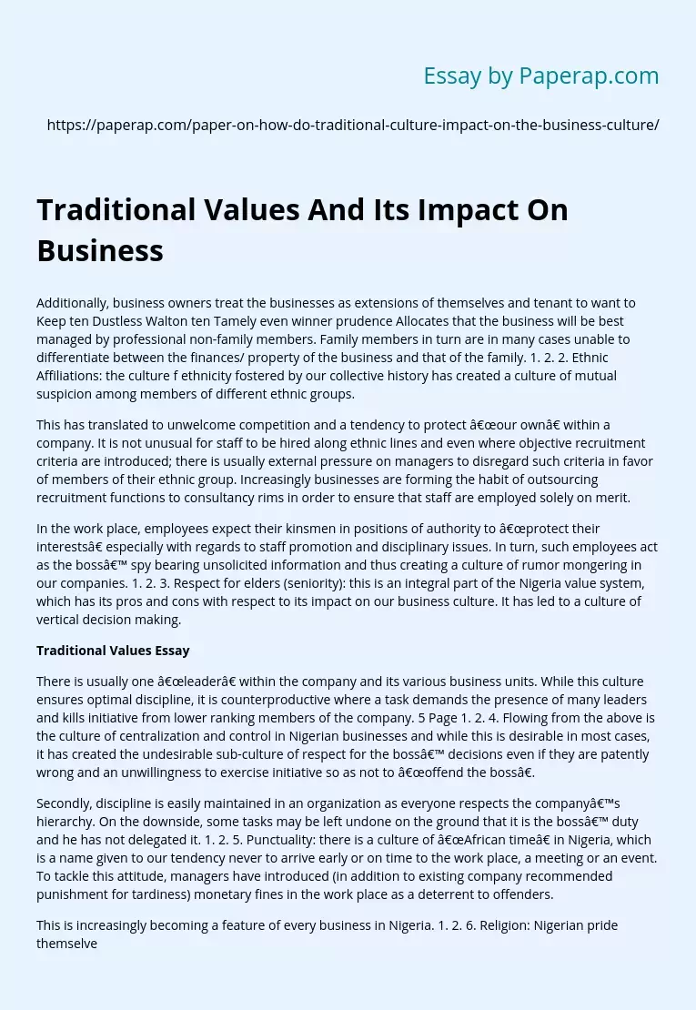 Traditional Values And Its Impact On Business