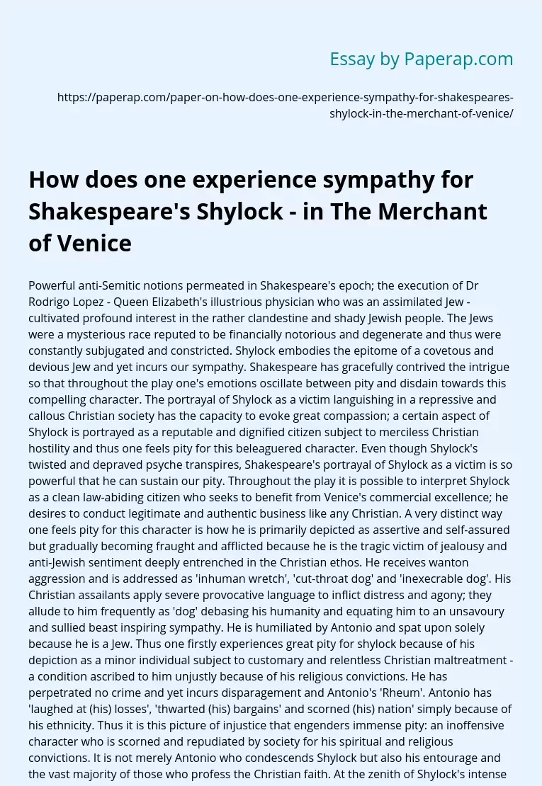 How Does One Experience Sympathy for Shakespeare's Shylock - in The Merchant of Venice