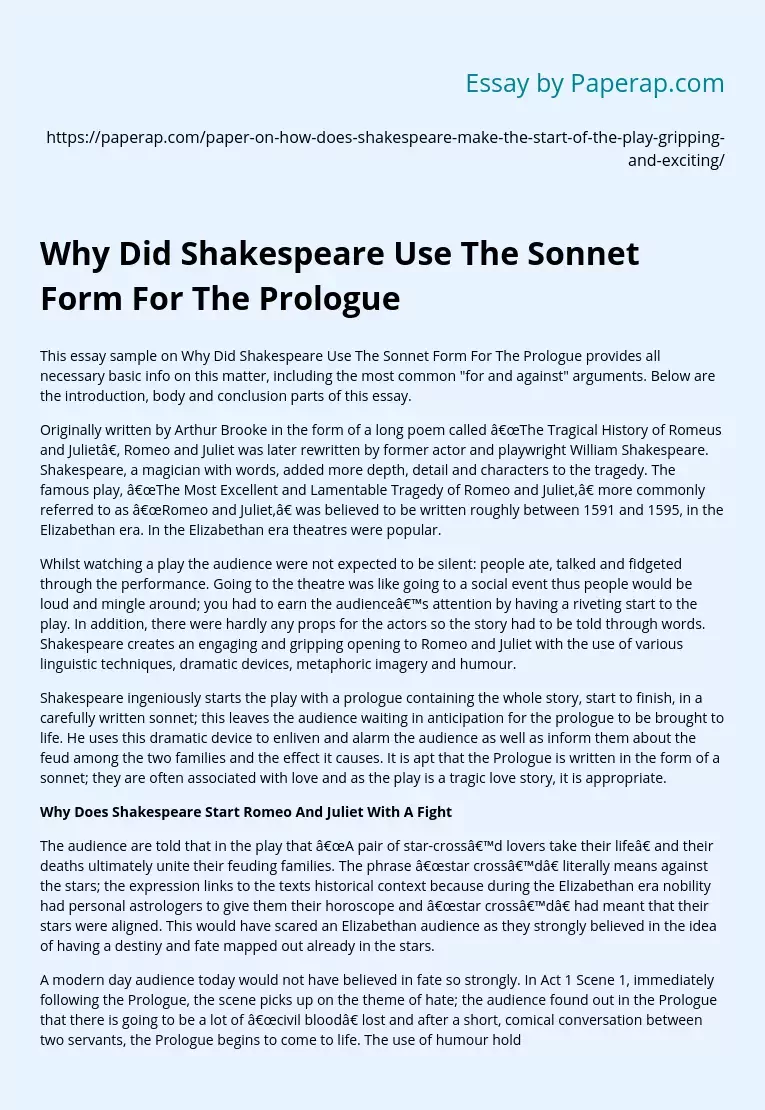 Why Did Shakespeare Use The Sonnet Form For The Prologue