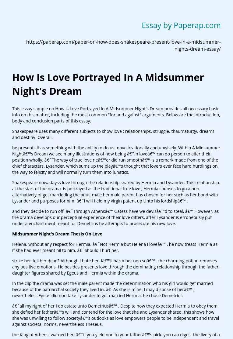 Реферат: Midsummernights Dream Essay Research Paper In act