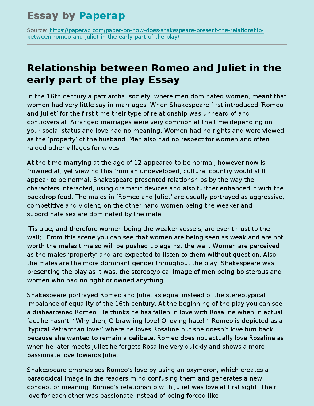 Relationship between Romeo and Juliet in the early part of the play