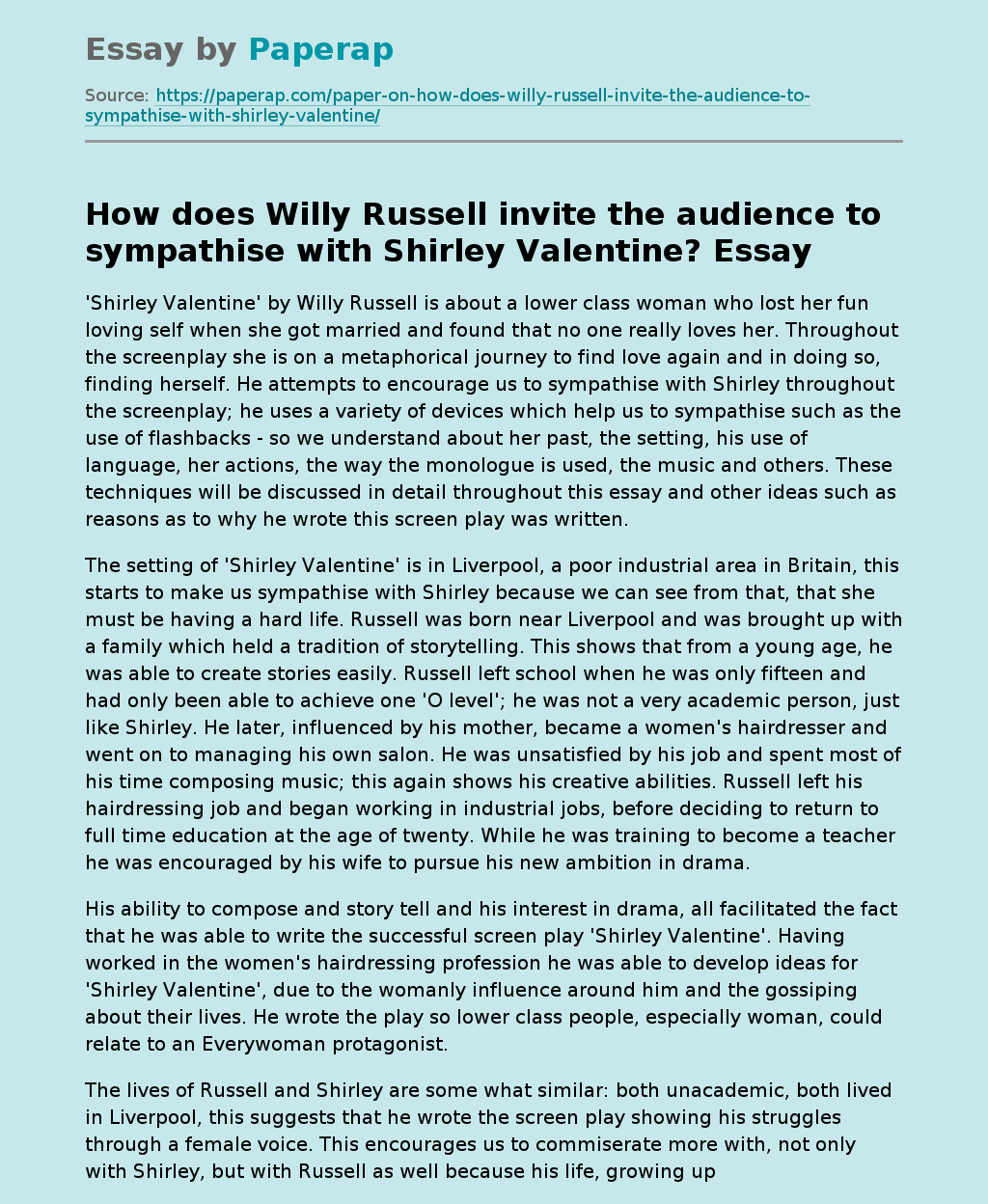How Does Willy Russell Invite the Audience to Sympathise With Shirley Valentine?