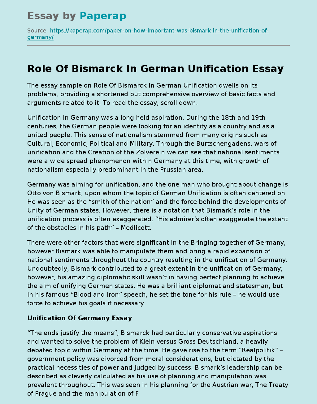 Role Of Bismarck In German Unification