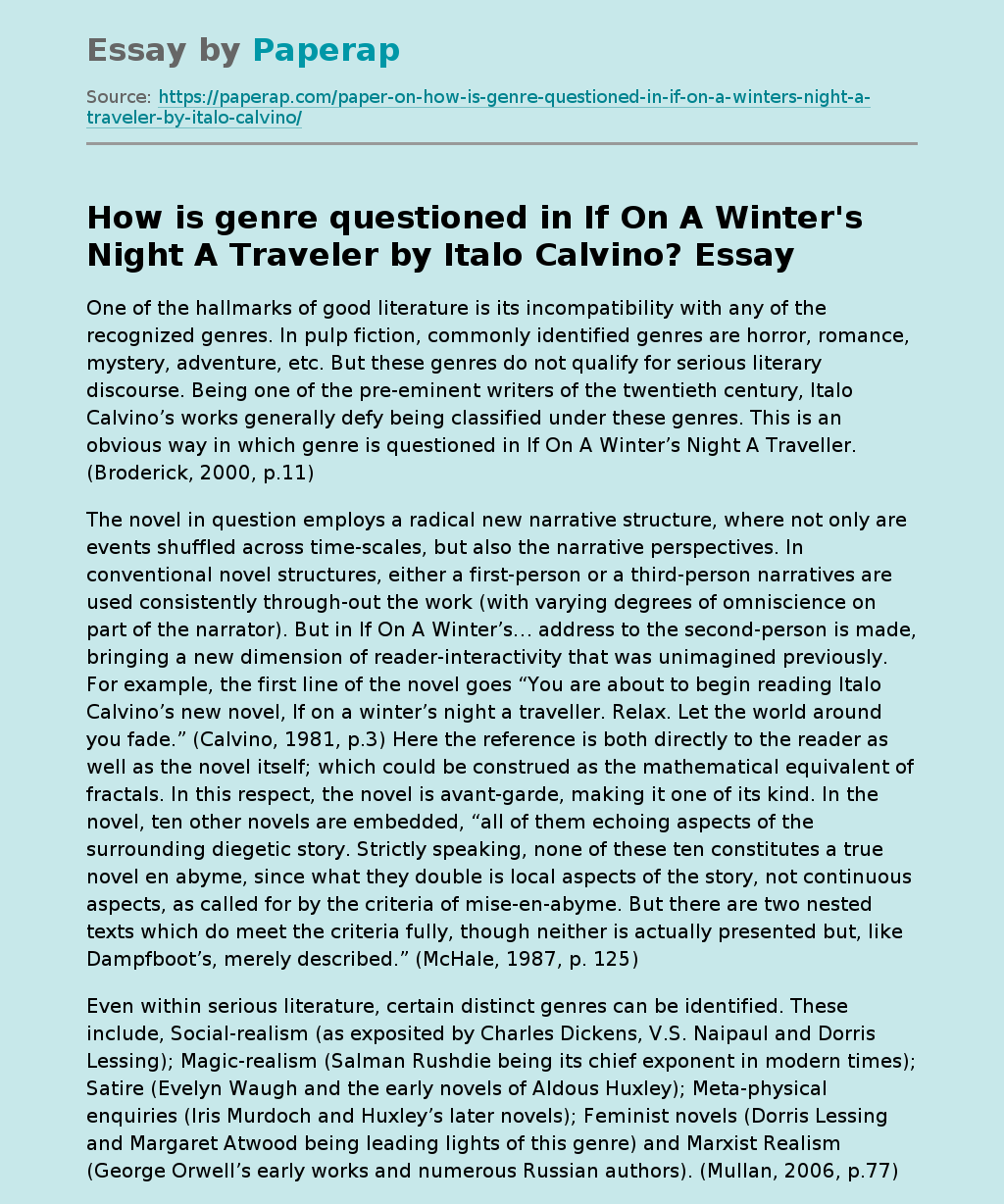 How is genre questioned in If On A Winter's Night A Traveler by Italo Calvino?