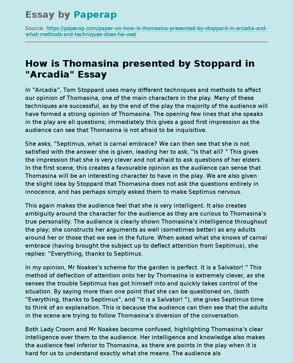 How is Thomasina presented by Stoppard in "Arcadia"