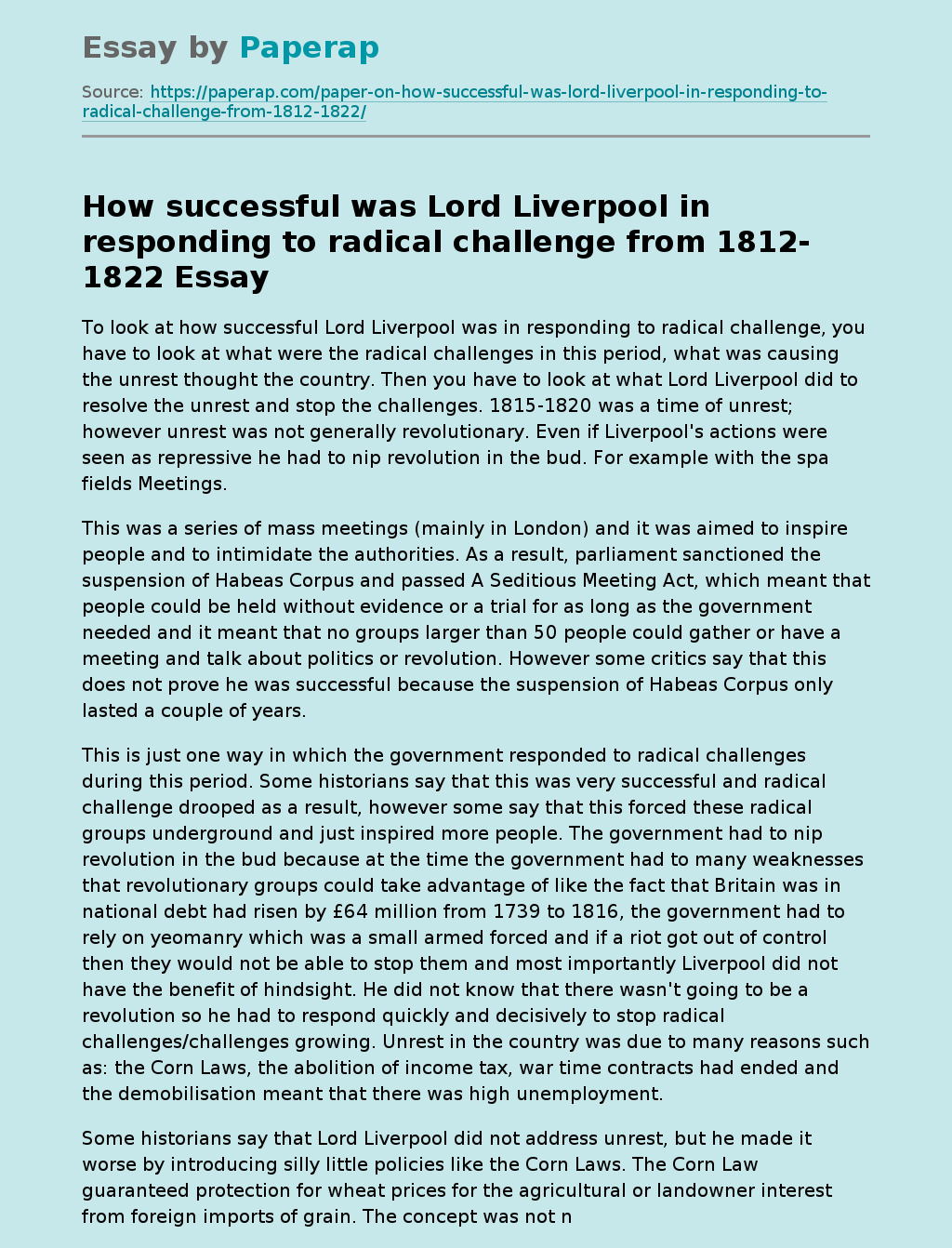 Lord Liverpool's response to radical challenge