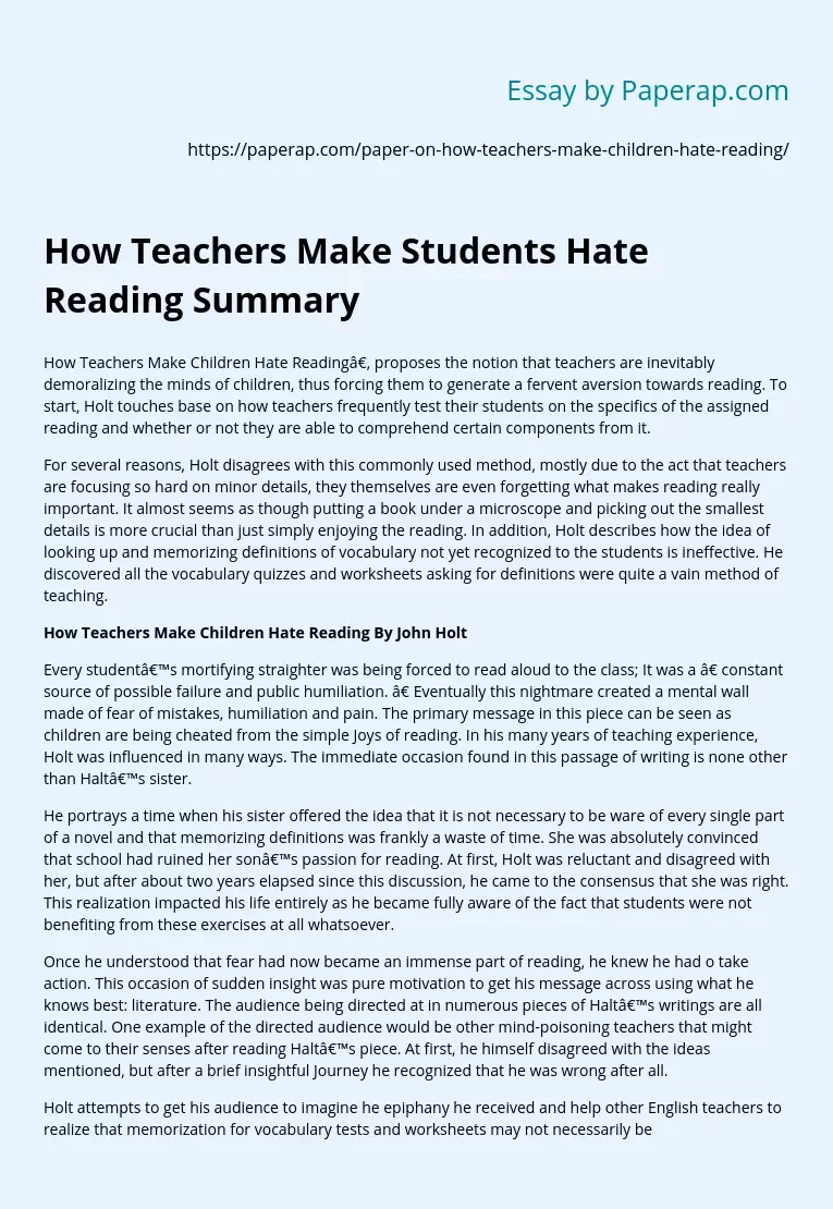 How Teachers Make Students Hate Reading Summary