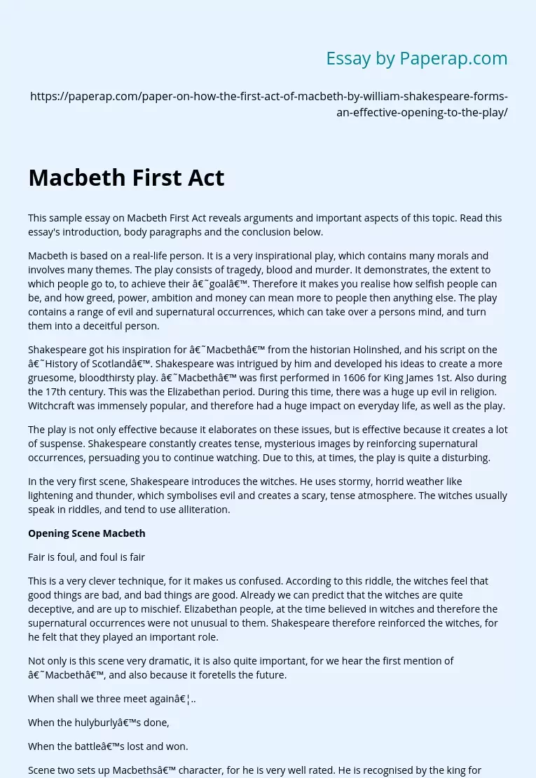 Sample Essay on Macbeth First Act