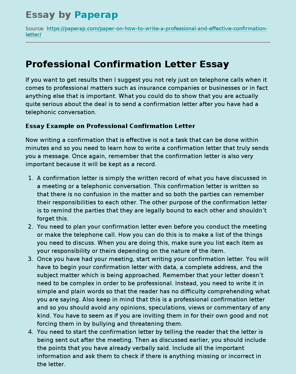 Professional Confirmation Letter