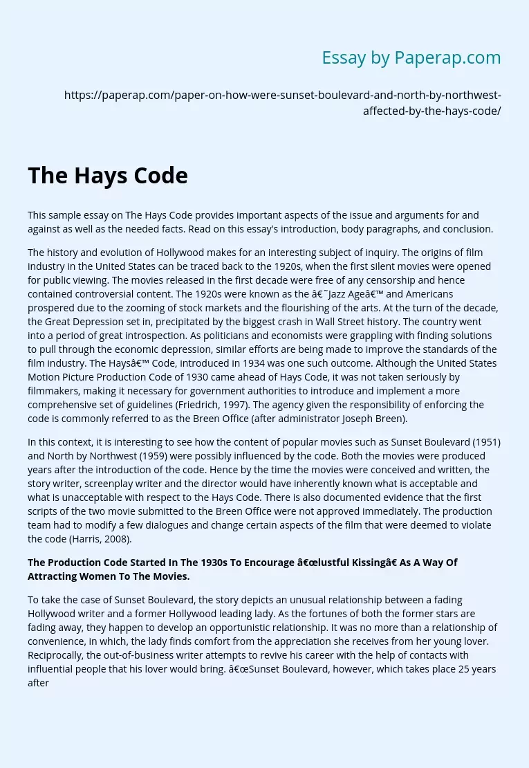 The Hays Code: Arguments and Facts