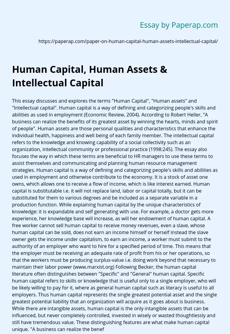 Human Capital, Human Assets &amp; Intellectual Capital