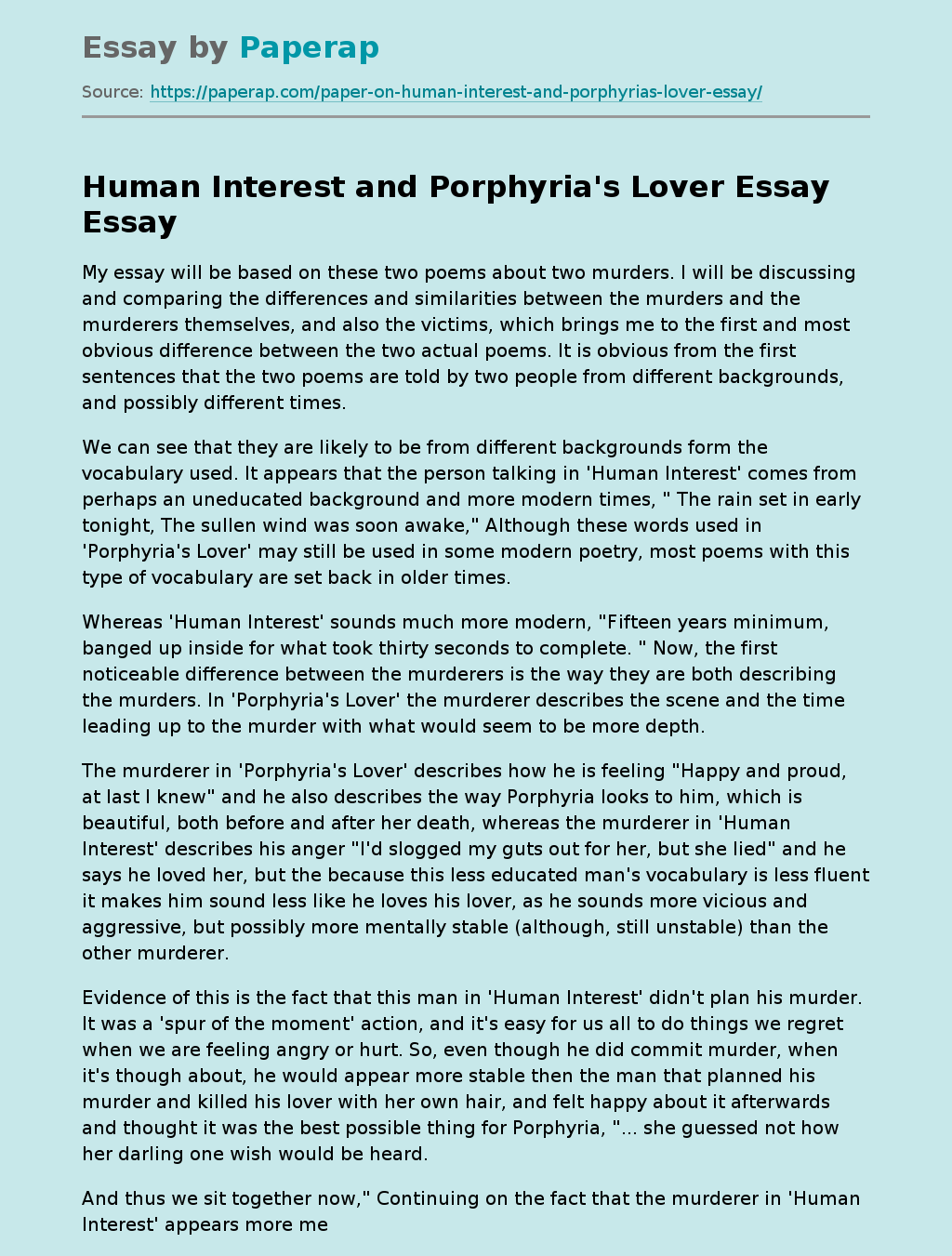 Poems "Human Interest" and "Porphyria's Lover"
