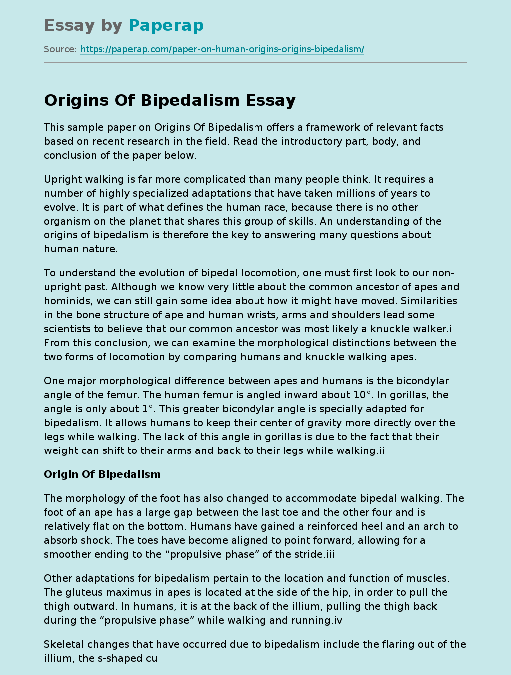 Sample Paper on Origins of Bipedalism