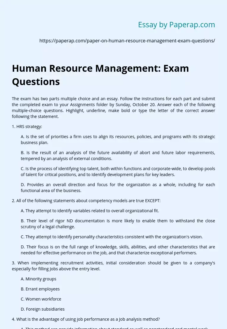 Human Resource Management: Exam Questions