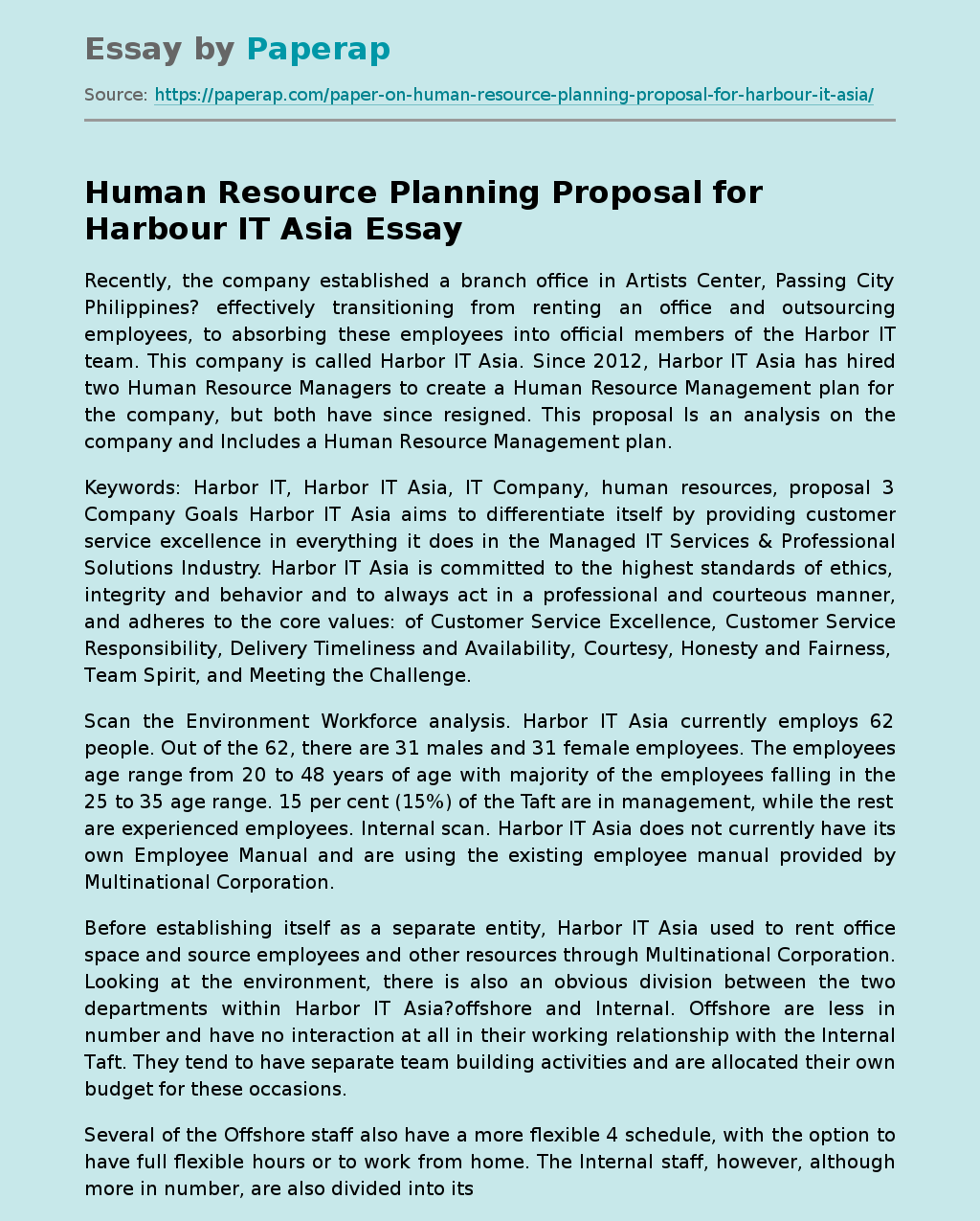 Human Resource Planning Proposal for Harbour IT Asia