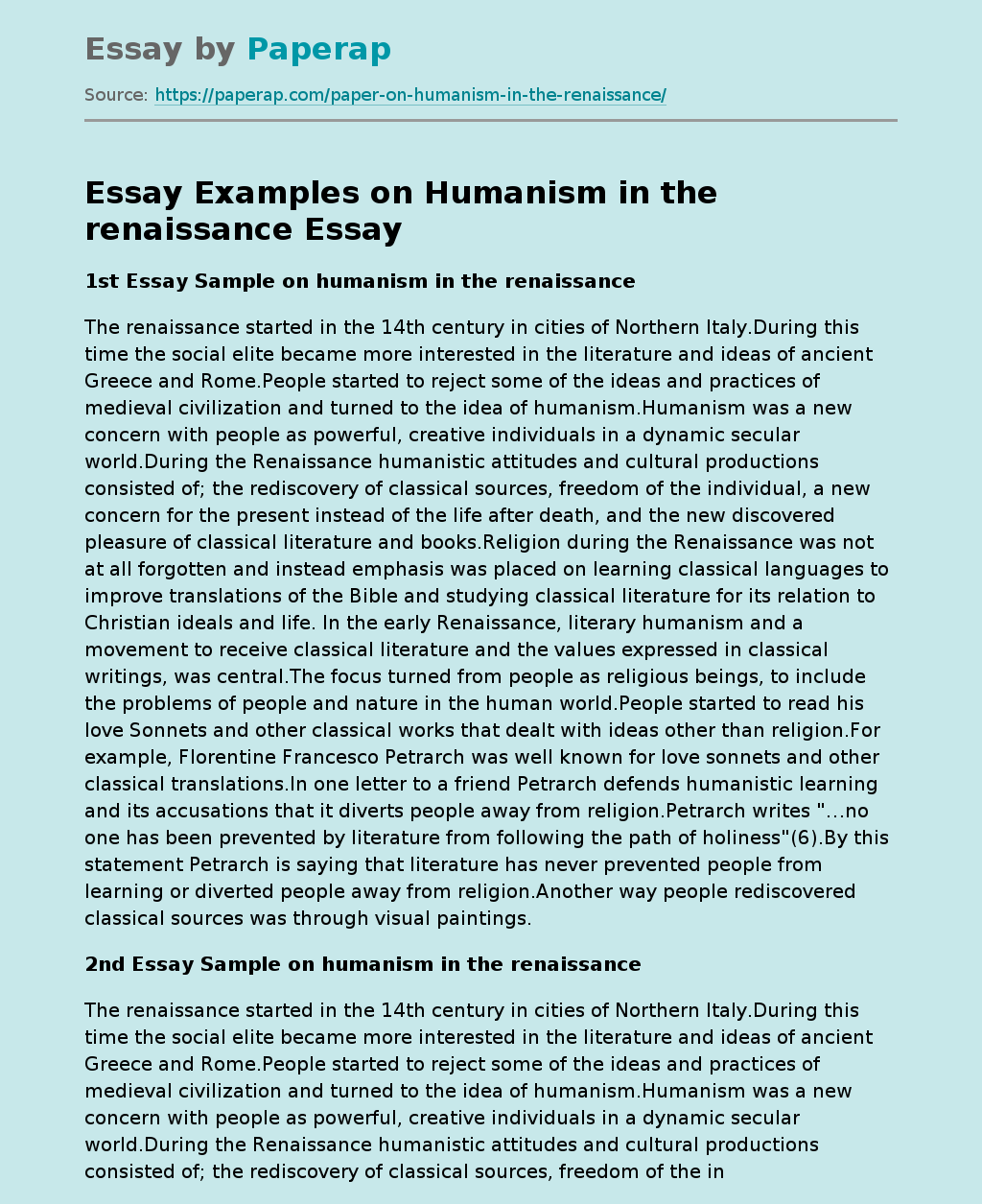Essay Examples on Humanism in the renaissance