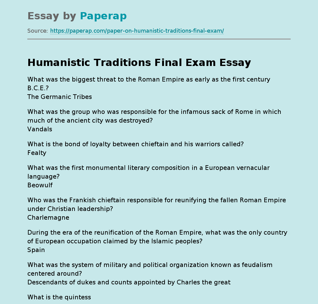 Humanistic Traditions Final Exam