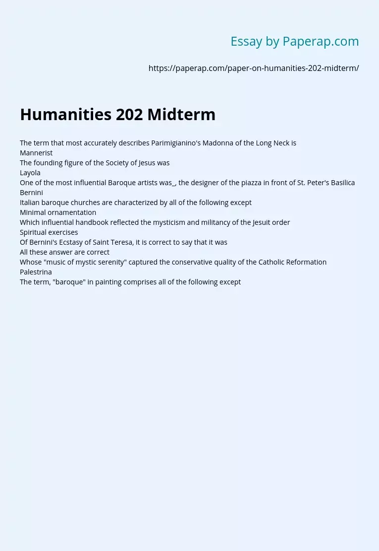 Humanities 202 Midterm
