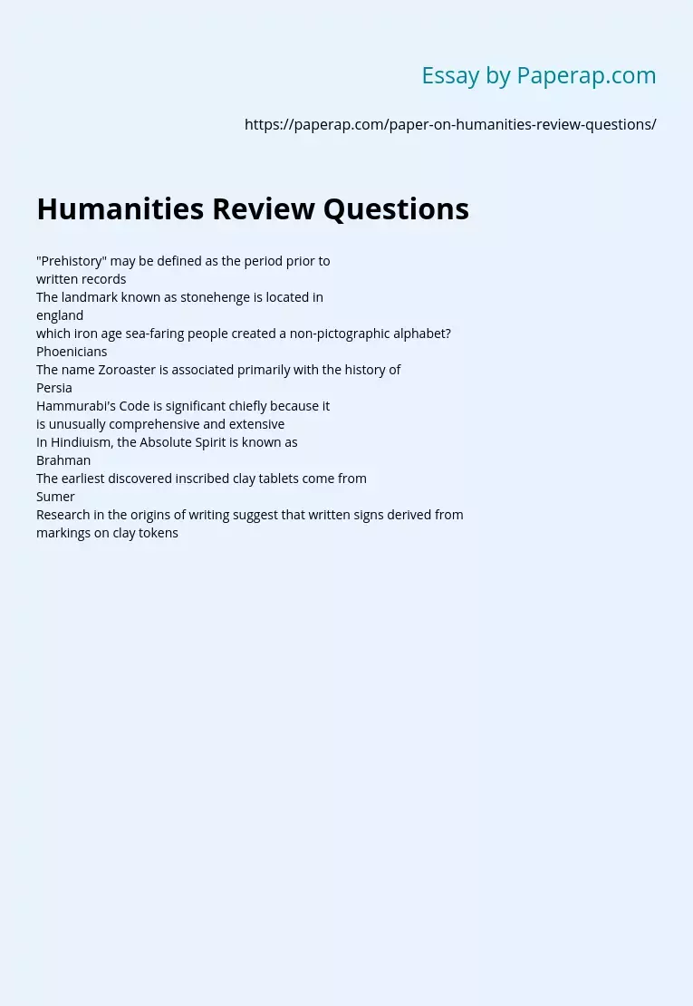 Humanities Review Questions and Answers