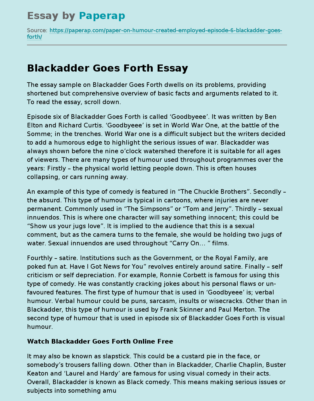 Essay Sample on Blackadder Goes Forth