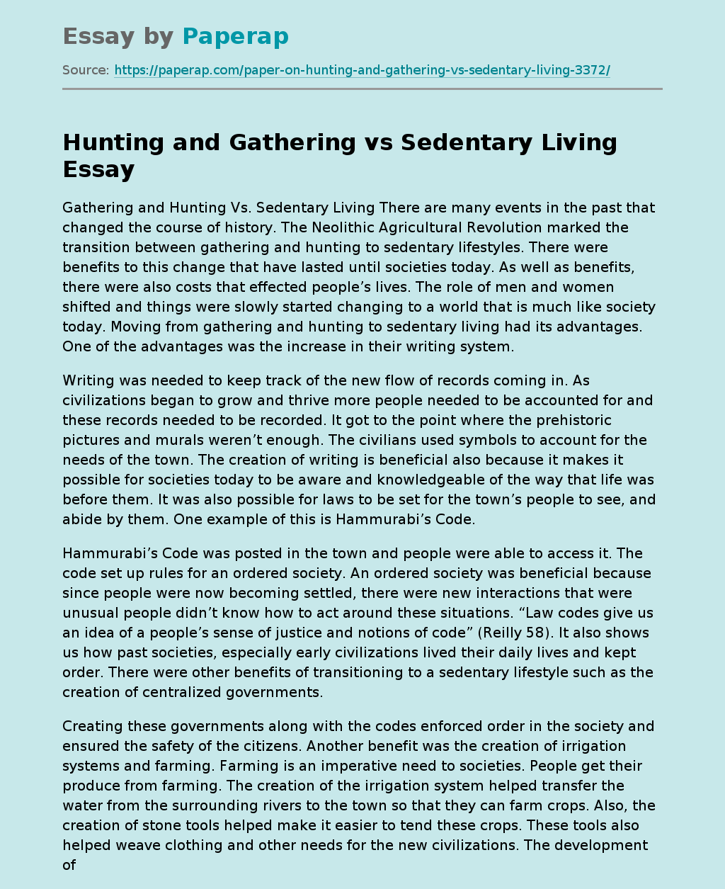 Hunting and Gathering vs Sedentary Living