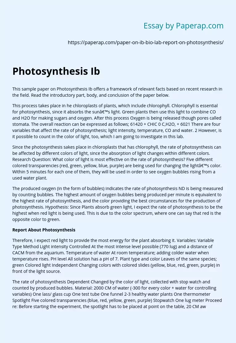 Photosynthesis Ib