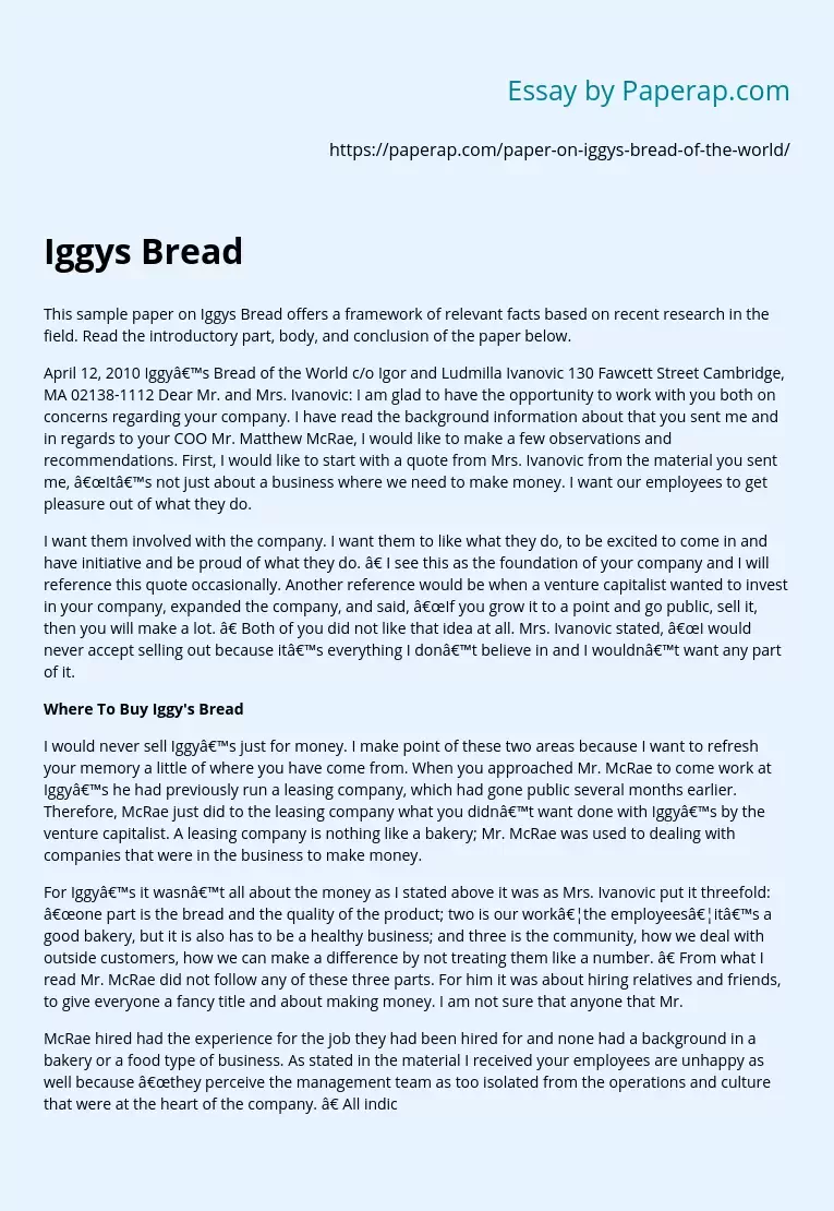 This Sample Paper on Iggys Bread Offers