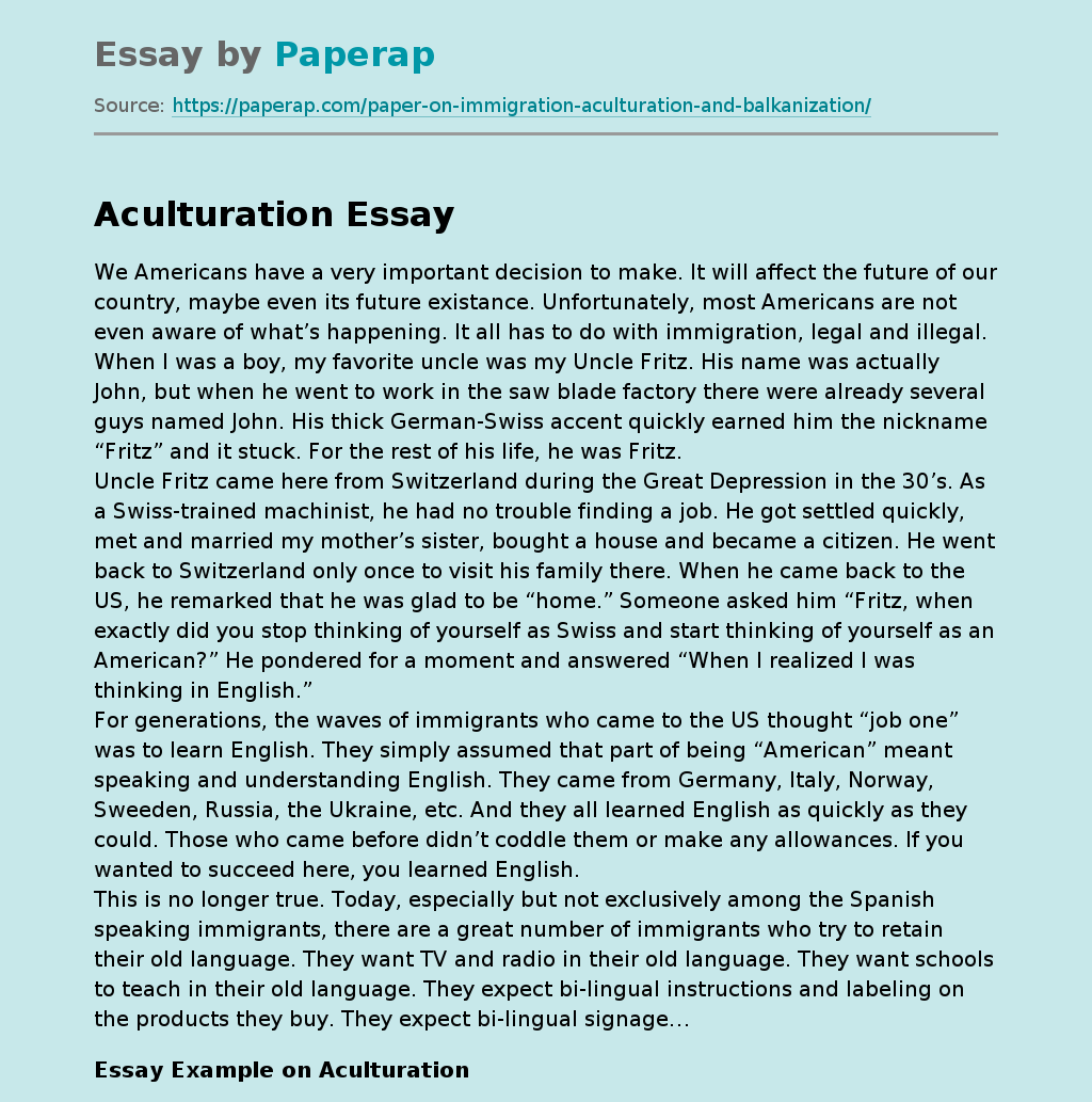 Essay Example on Aculturation
