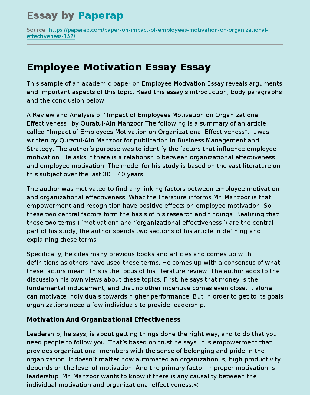 Employee Motivation Essay