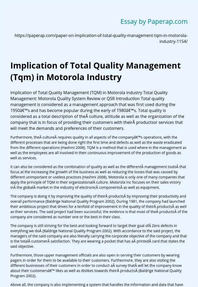 Implication of Total Quality Management (Tqm) in Motorola Industry