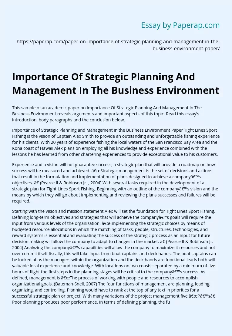 Importance Of Strategic Planning And Management In The Business Environment