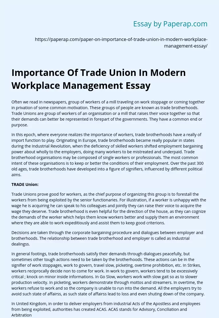Importance Of Trade Union In Modern Workplace Management Essay