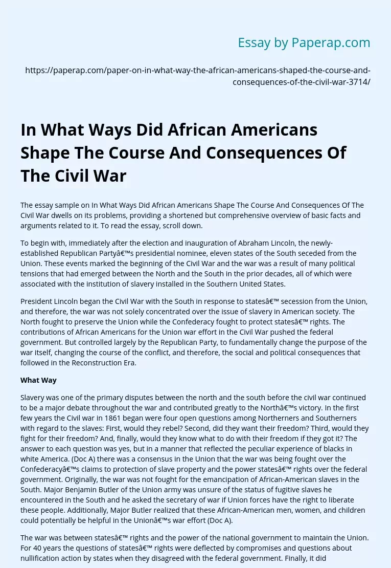 In What Ways Did African Americans Shape The Course And Consequences Of The Civil War