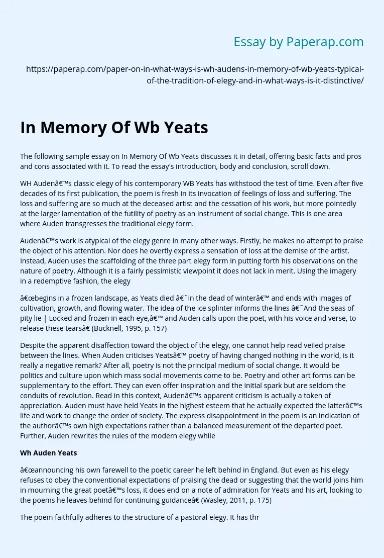 In Memory Of Wb Yeats Elegy Analysis