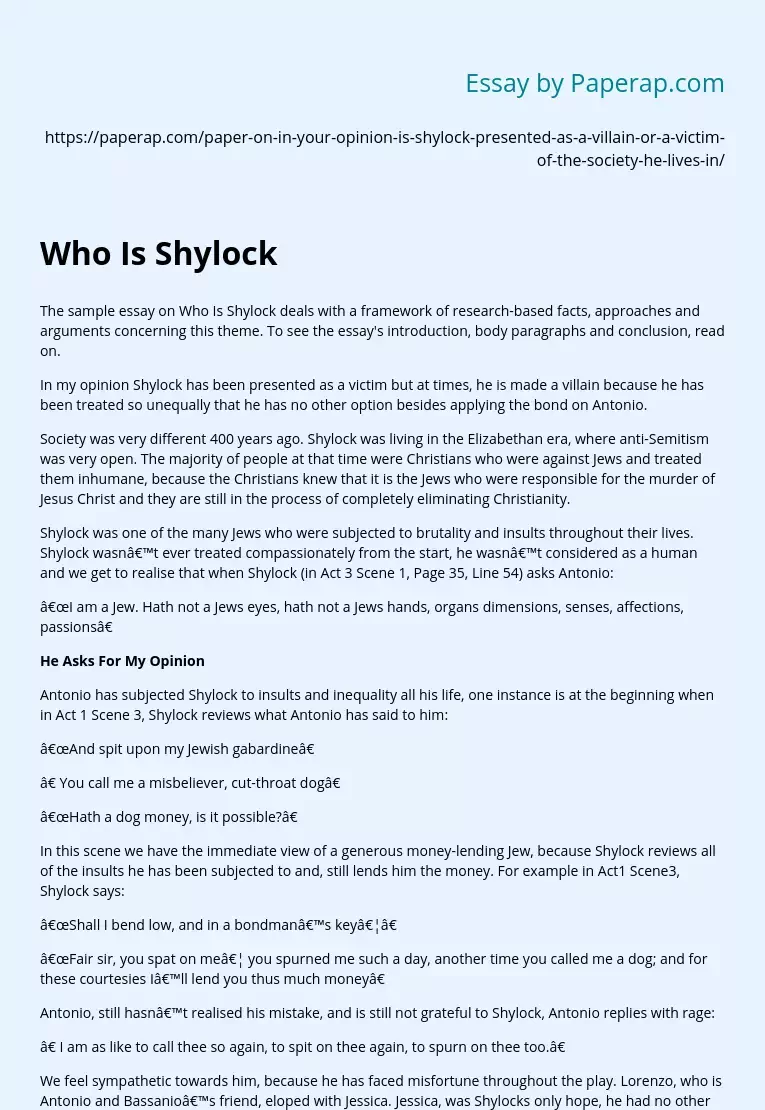 Who Is Shylock: A Villian or a Victim