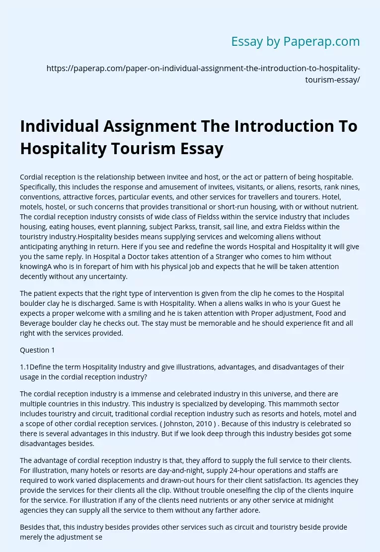 Individual Assignment The Introduction To Hospitality Tourism Essay