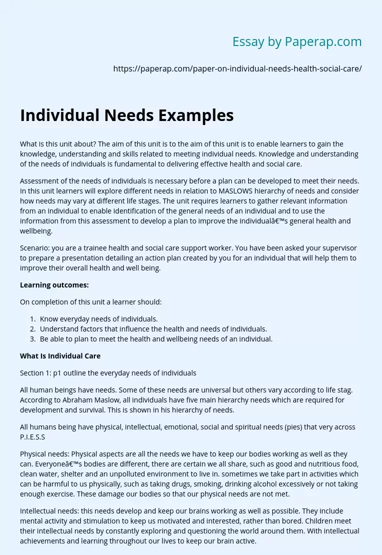 Individual Needs Examples