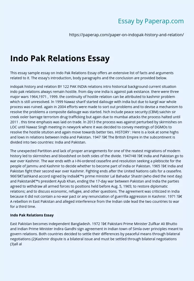 Indo Pak Relations Essay