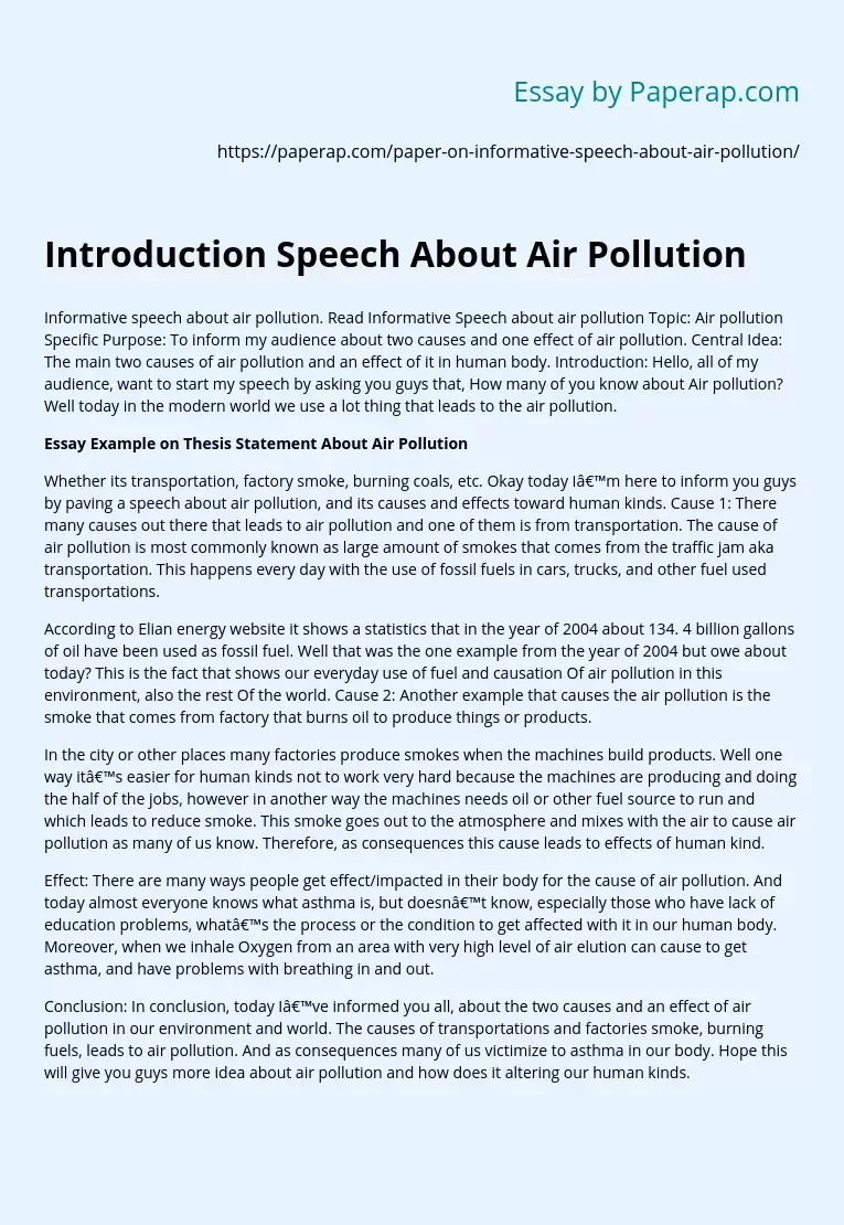 Introduction Speech About Air Pollution