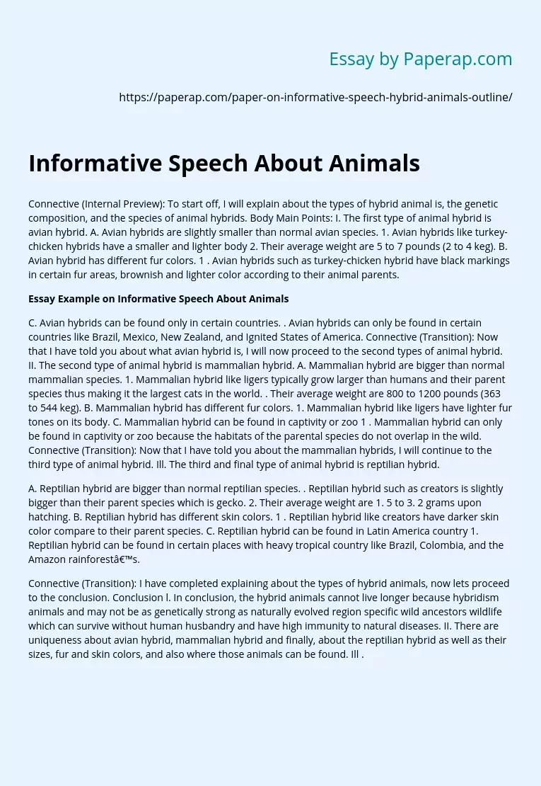Informative Speech About Animals Free Essay Example