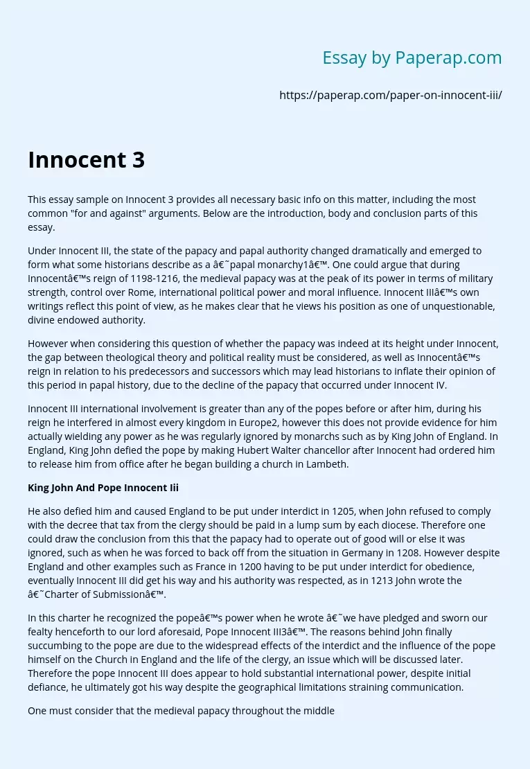 Innocent 3: Arguments For and Against