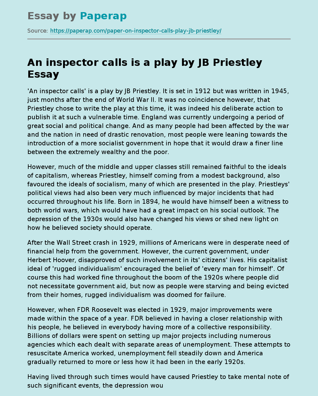 "An Inspector Calls Is A Play" By Jb Priestley