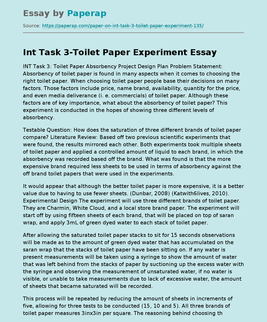 Toilet Paper Absorbency Project Design Plan