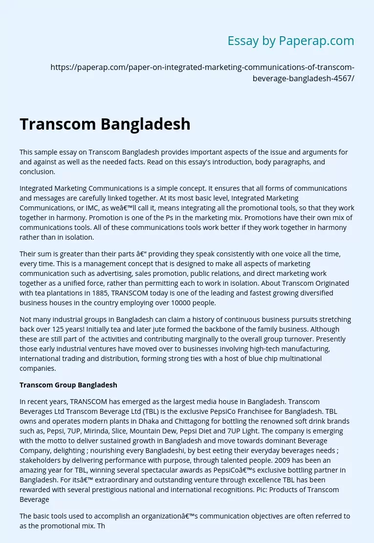 Sample Essay on Transcom Bangladesh