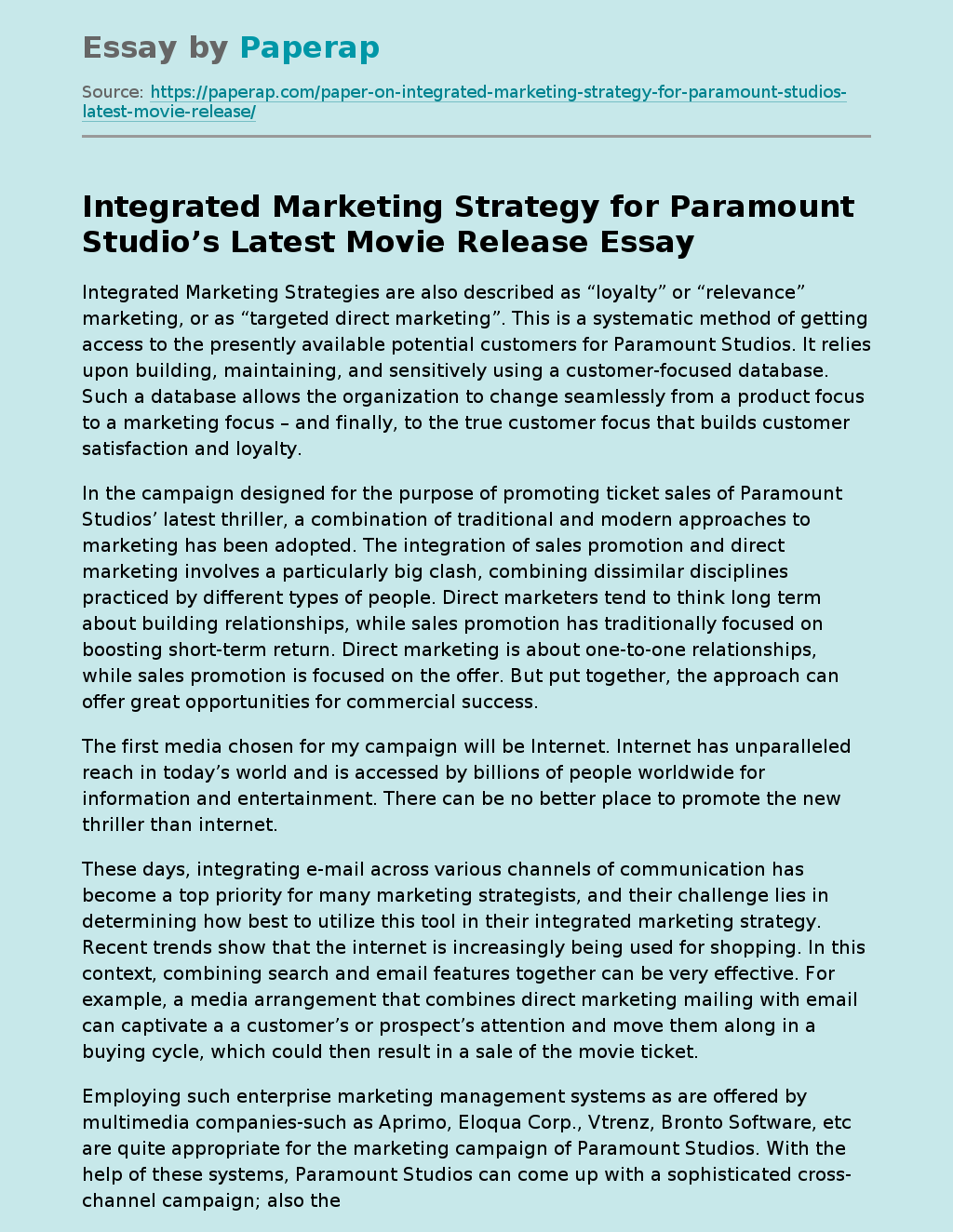 Integrated Marketing Strategy for Paramount Studio’s Latest Movie Release