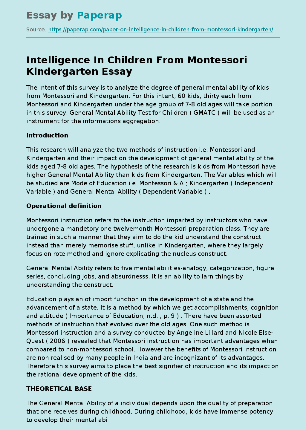 Intelligence In Children From Montessori Kindergarten